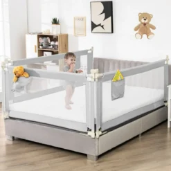 175 cm Bettgitter mit 24 Einstellbare Höhen & Seitentasche Bettschutzgitter Grau