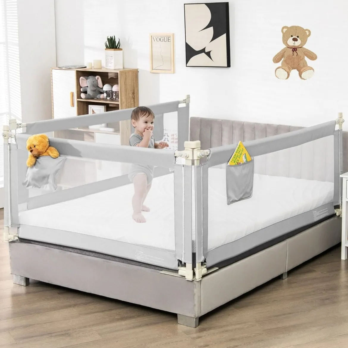 175 cm Bettgitter mit 24 Einstellbare Höhen & Seitentasche Bettschutzgitter Grau