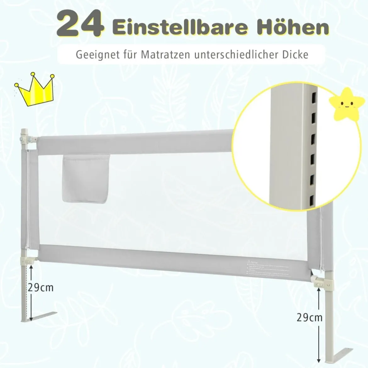 175 cm Bettgitter mit 24 Einstellbare Höhen & Seitentasche Bettschutzgitter Grau
