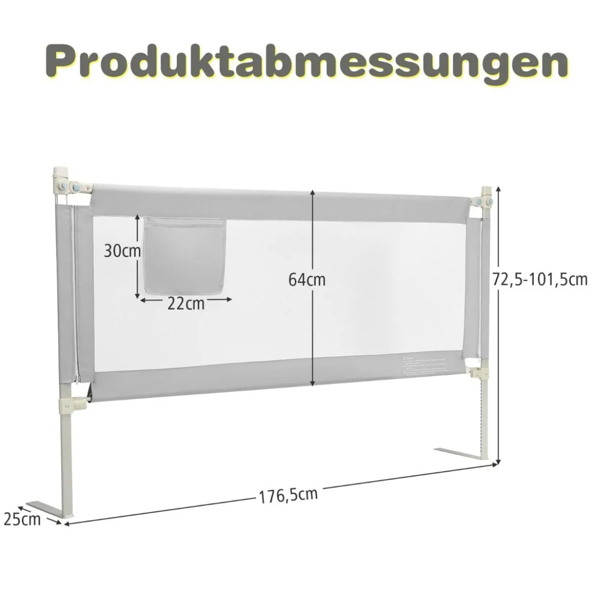 175 cm Bettgitter mit 24 Einstellbare Höhen & Seitentasche Bettschutzgitter Grau