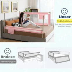 175 cm Bettgitter mit 24 Einstellbare Höhen & Seitentasche Bettschutzgitter Rosa