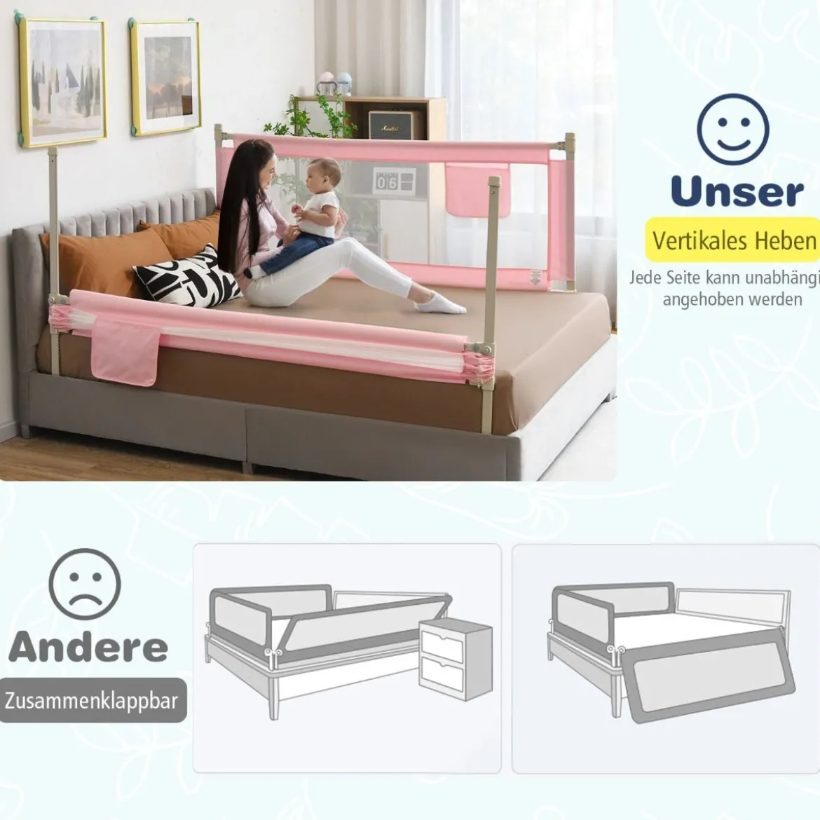 175 cm Bettgitter mit 24 Einstellbare Höhen & Seitentasche Bettschutzgitter Rosa