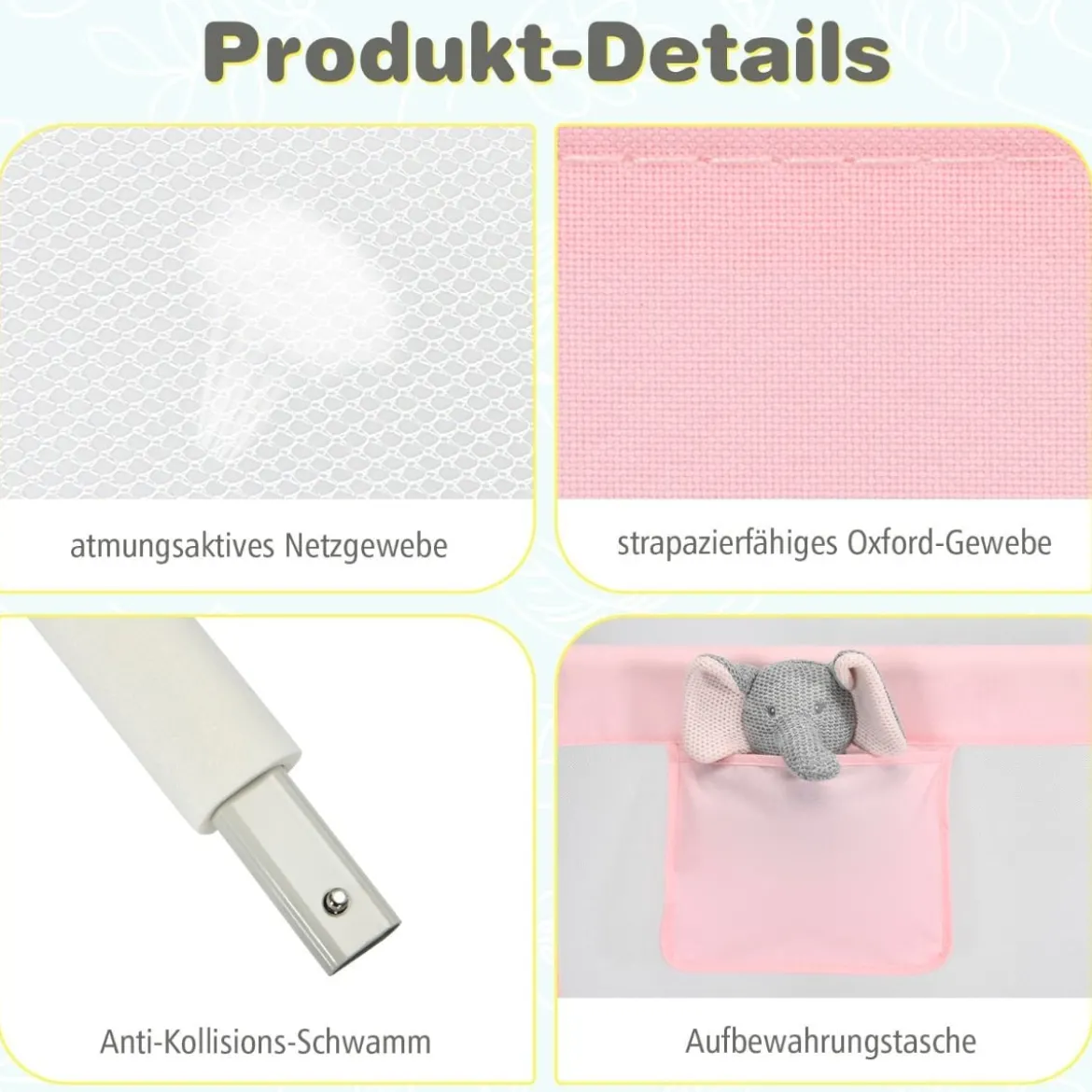 175 cm Bettgitter mit 24 Einstellbare Höhen & Seitentasche Bettschutzgitter Rosa