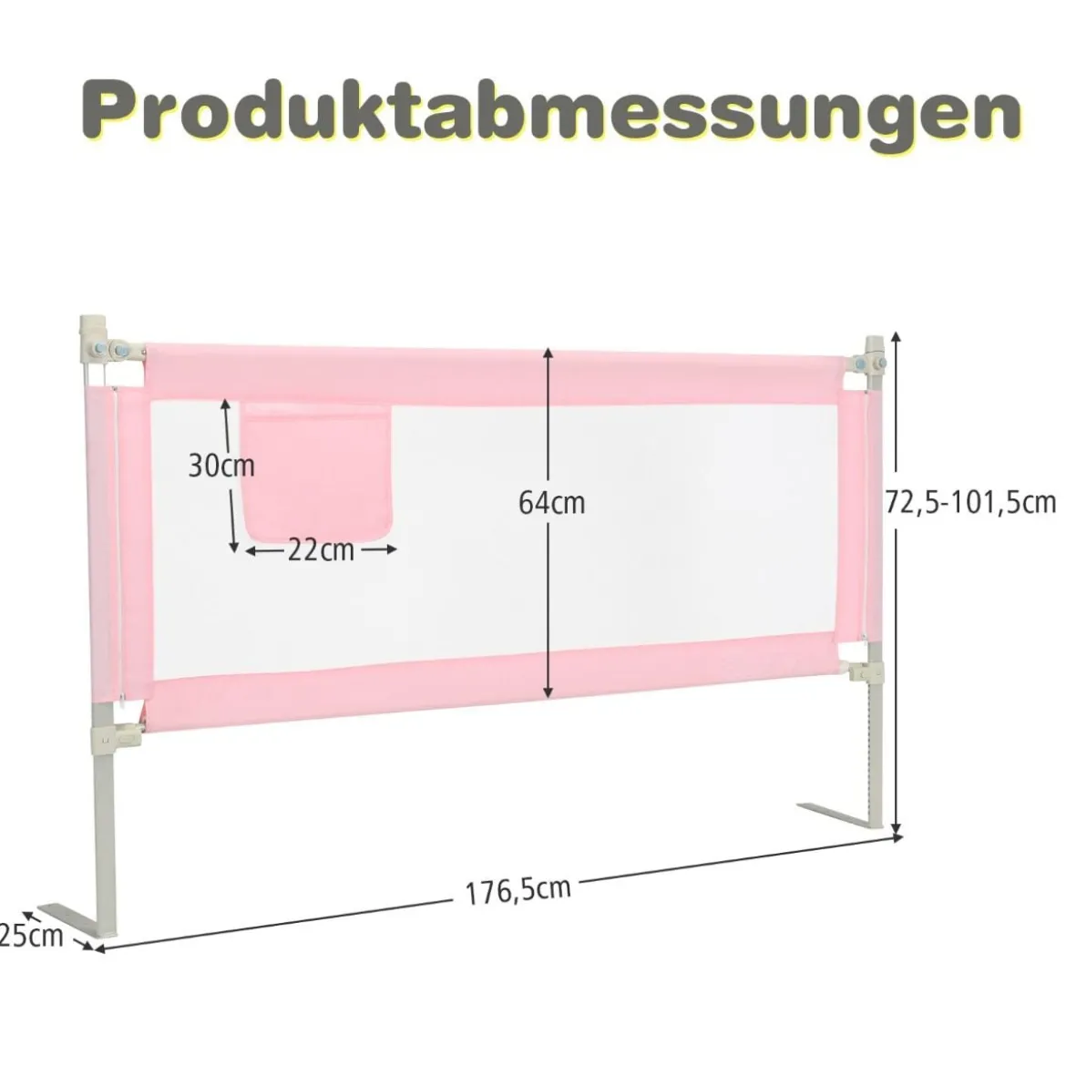175 cm Bettgitter mit 24 Einstellbare Höhen & Seitentasche Bettschutzgitter Rosa