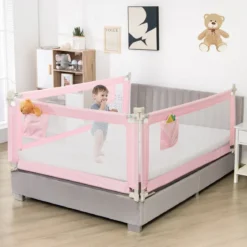 175 cm Bettgitter mit 24 Einstellbare Höhen & Seitentasche Bettschutzgitter Rosa