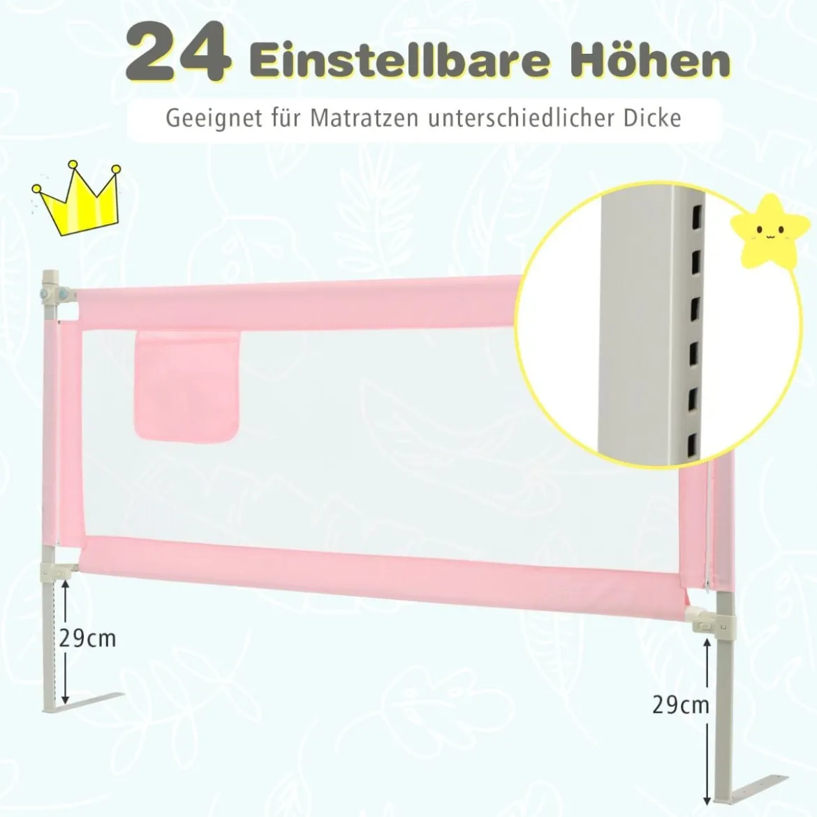 175 cm Bettgitter mit 24 Einstellbare Höhen & Seitentasche Bettschutzgitter Rosa