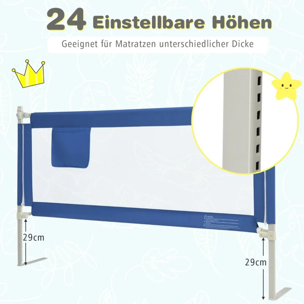 175 cm Bettgitter mit 24 Einstellbare Höhen & Seitentasche Bettschutzgitter Blau