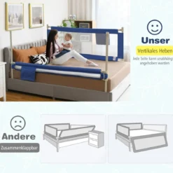 175 cm Bettgitter mit 24 Einstellbare Höhen & Seitentasche Bettschutzgitter Blau