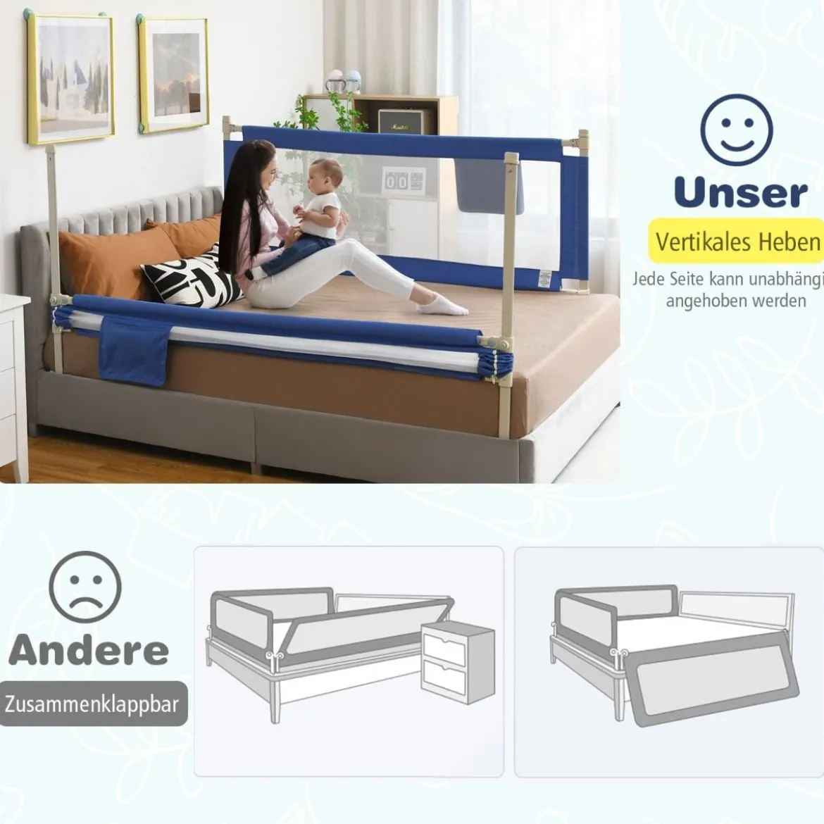 175 cm Bettgitter mit 24 Einstellbare Höhen & Seitentasche Bettschutzgitter Blau