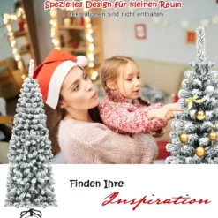 180 cm Bleistift Weihnachtsbaum mit Schnee künstlicher Tannenbaum mit Metallständer Grün + Weiß