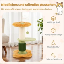 69 cm Blumen Katzenbaum mit Gepolstertem Plüsch-Sitzplatz Kleiner Kletterbaum Kratzbaum Gelb