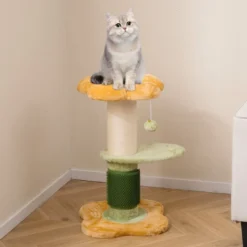 69 cm Blumen Katzenbaum mit Gepolstertem Plüsch-Sitzplatz Kleiner Kletterbaum Kratzbaum Gelb