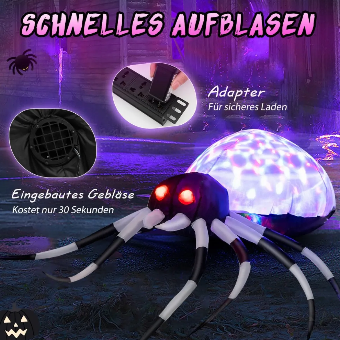 105 cm Breite Aufblasbare Halloweenspinne mit Mehrfarbigen Lichtern & Gebläse