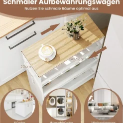 20 cm Breit Nischenwagen auf Rollen 4 Etagen Schmal Küchenwagen Servierwagen Weiß + Natur