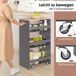 30cm Breit Nischenwagen mit Griff & Geländern 4 Etagen Küchenwagen Nischenregal Grau
