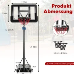 130 cm - 305 cm Höhenverstellbarer Basketballkorb mit Ständer & 2 Rädern Korbständer Schwarz