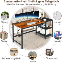 150 cm Computertisch mit Herausnehmbaren Ablagefächern & Kopfhörerhaken Rustikal Braun