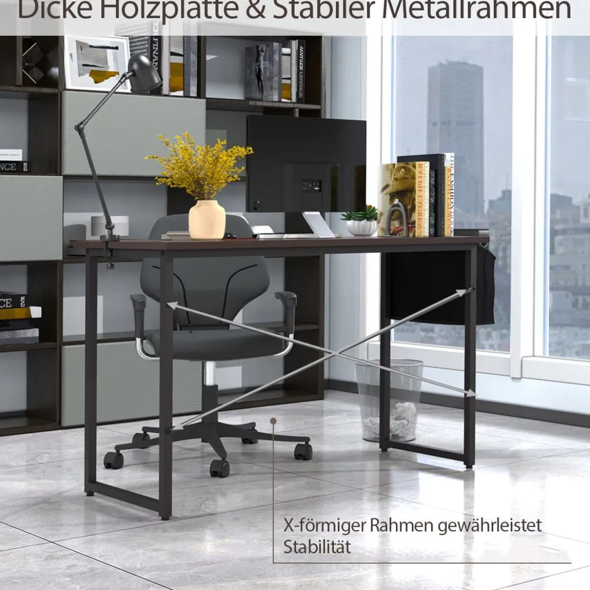 119 cm Computertisch Robuster für Heimbüro mit Seiten Aufbewahrungsbeute Kaffee