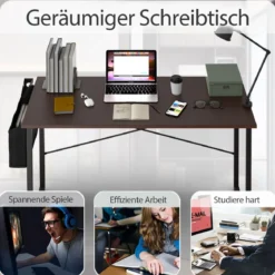 119 cm Computertisch Robuster für Heimbüro mit Seiten Aufbewahrungsbeute Kaffee