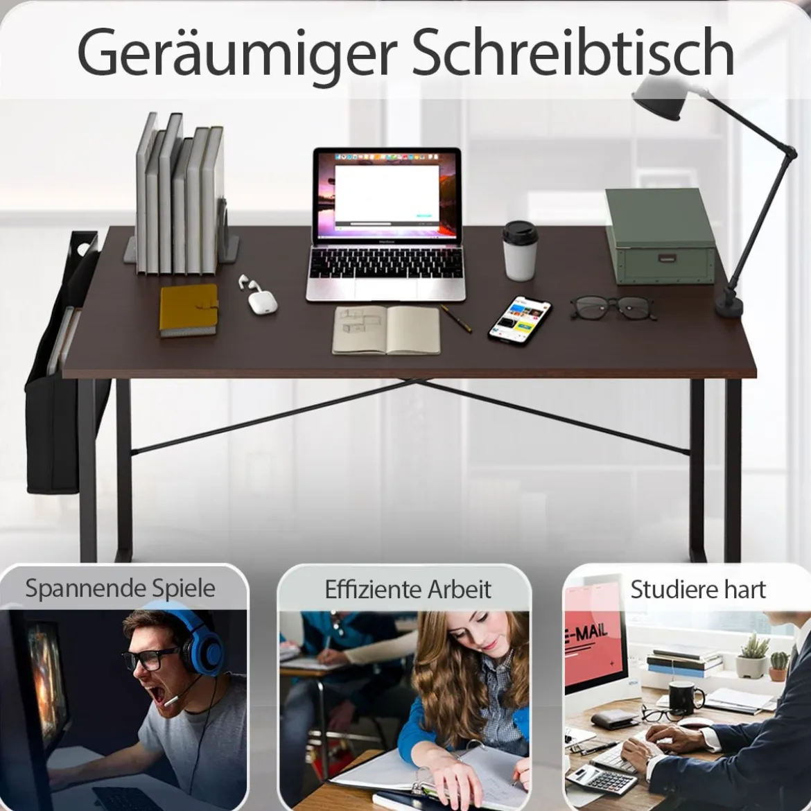 119 cm Computertisch Robuster für Heimbüro mit Seiten Aufbewahrungsbeute Kaffee