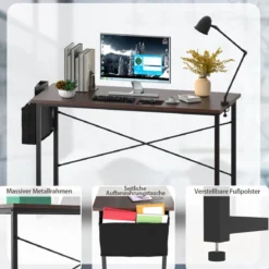 119 cm Computertisch Robuster für Heimbüro mit Seiten Aufbewahrungsbeute Kaffee