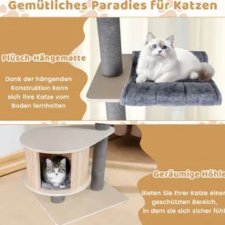 236-271 cm Deckenhoch Kratzbaum mit Hängematte & Plattform & Höhle 5-stöckiger Katzenbaum Grau