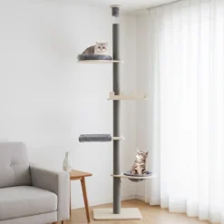 236-271 cm Deckenhoch Kratzbaum mit Hängematte & Korb & Bett 5-stöckiger Katzenbaum Grau