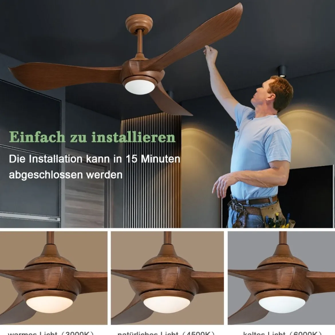 136 cm Deckenventilator aus Holz mit Beleuchtung & Fernbedienung & 1-8H Timer Braun