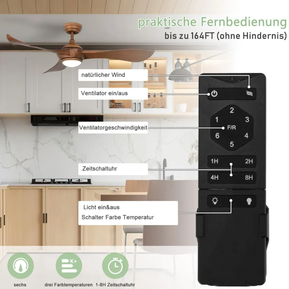 136 cm Deckenventilator aus Holz mit Beleuchtung & Fernbedienung & 1-8H Timer Braun