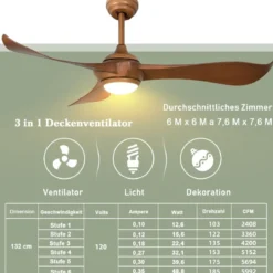 136 cm Deckenventilator aus Holz mit Beleuchtung & Fernbedienung & 1-8H Timer Braun