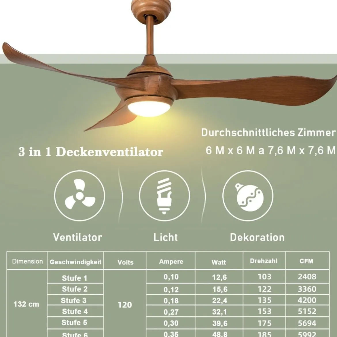 136 cm Deckenventilator aus Holz mit Beleuchtung & Fernbedienung & 1-8H Timer Braun