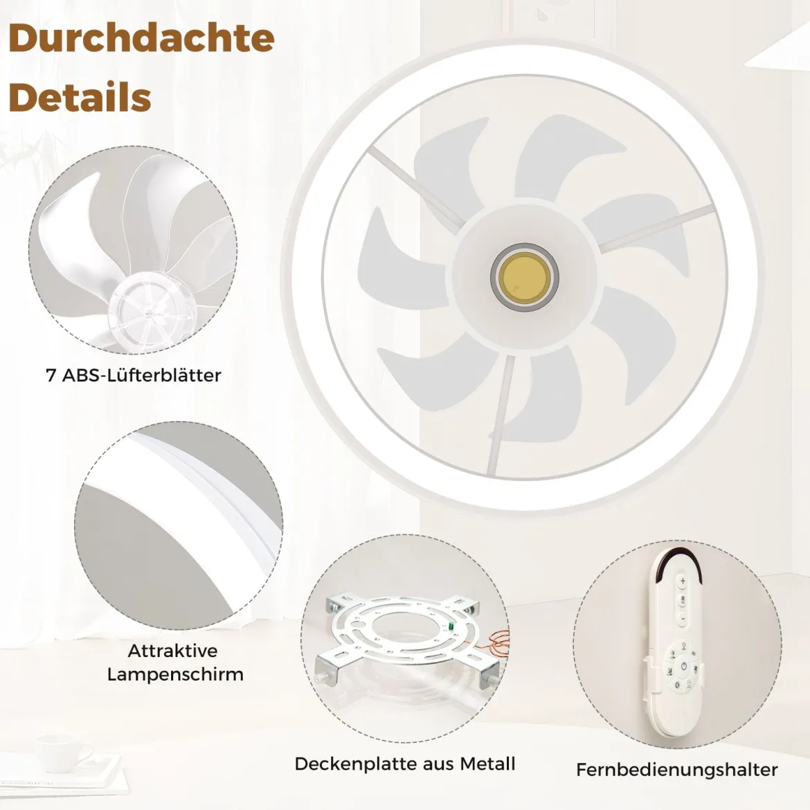 φ48cm Deckenventilator mit Beleuchtung umkehrbarer Ventilator LED Deckenleuchte 3000-6500K dimmbar mit 6 Windgeschwindigkeiten Weiß
