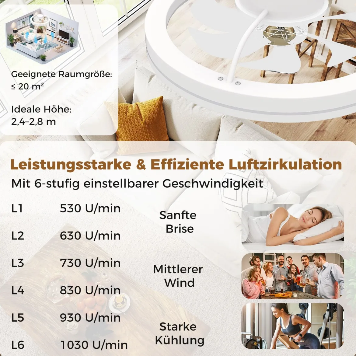 φ48cm Deckenventilator mit Beleuchtung umkehrbarer Ventilator LED Deckenleuchte 3000-6500K dimmbar mit 6 Windgeschwindigkeiten Weiß