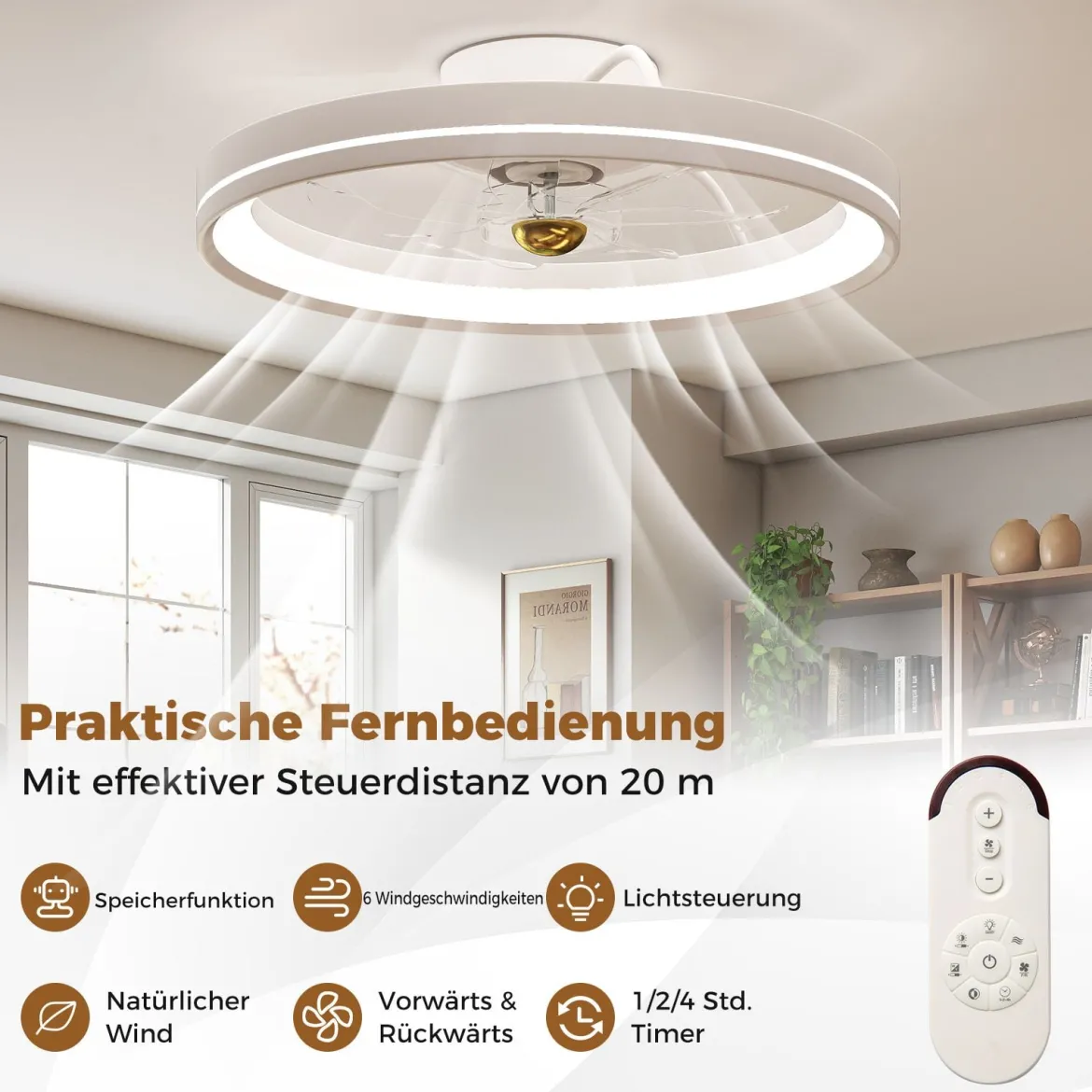 φ48cm Deckenventilator mit Beleuchtung umkehrbarer Ventilator LED Deckenleuchte 3000-6500K dimmbar mit 6 Windgeschwindigkeiten Weiß