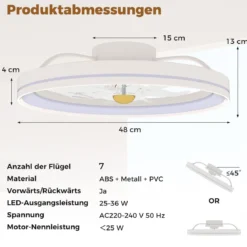 φ48cm Deckenventilator mit Beleuchtung umkehrbarer Ventilator LED Deckenleuchte 3000-6500K dimmbar mit 6 Windgeschwindigkeiten Weiß