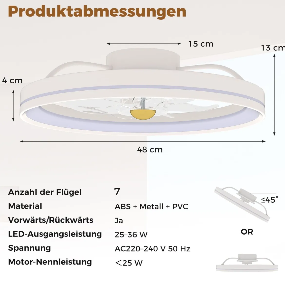 φ48cm Deckenventilator mit Beleuchtung umkehrbarer Ventilator LED Deckenleuchte 3000-6500K dimmbar mit 6 Windgeschwindigkeiten Weiß