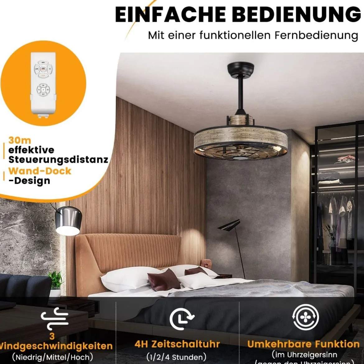 50 cm Deckenventilator mit Beleuchtung & Fernbedienung & 4H Timer Ventilator Deckenleuchte