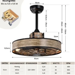 50 cm Deckenventilator mit Beleuchtung & Fernbedienung & 4H Timer Ventilator Deckenleuchte