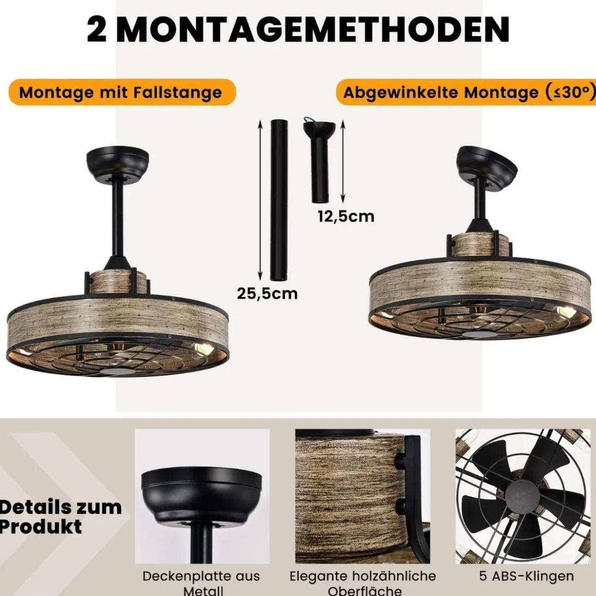 50 cm Deckenventilator mit Beleuchtung & Fernbedienung & 4H Timer Ventilator Deckenleuchte