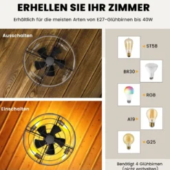 50 cm Deckenventilator mit Beleuchtung & Fernbedienung & 4H Timer Ventilator Deckenleuchte
