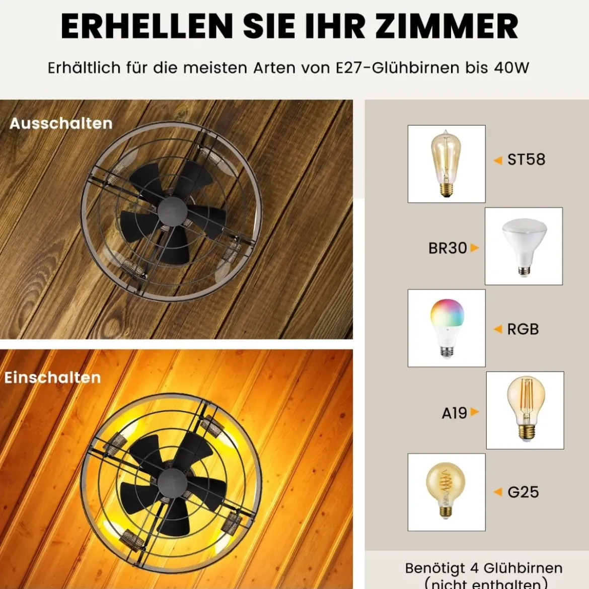 50 cm Deckenventilator mit Beleuchtung & Fernbedienung & 4H Timer Ventilator Deckenleuchte