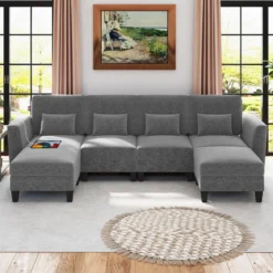 280 cm Ecksofa mit 2 Ottomane U-förmiges modulares Sofa mit USB- & Type-C-Ladeanschlüssen 4-Sitzer Sofa-Set Grau