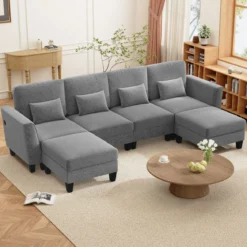 280 cm Ecksofa mit 2 Ottomane U-förmiges modulares Sofa mit USB- & Type-C-Ladeanschlüssen 4-Sitzer Sofa-Set Grau