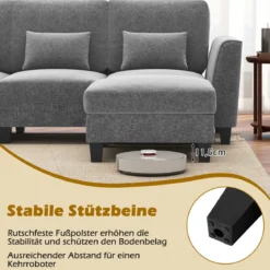 280 cm Ecksofa mit 2 Ottomane U-förmiges modulares Sofa mit USB- & Type-C-Ladeanschlüssen 4-Sitzer Sofa-Set Grau
