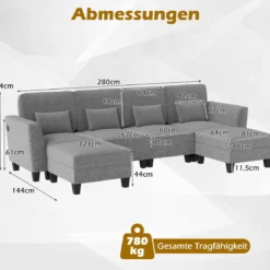 280 cm Ecksofa mit 2 Ottomane U-förmiges modulares Sofa mit USB- & Type-C-Ladeanschlüssen 4-Sitzer Sofa-Set Grau