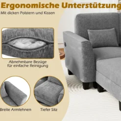 280 cm Ecksofa mit 2 Ottomane U-förmiges modulares Sofa mit USB- & Type-C-Ladeanschlüssen 4-Sitzer Sofa-Set Grau