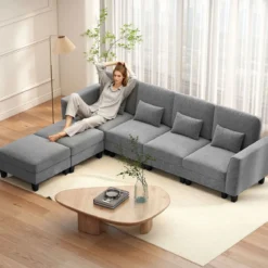 280 cm Ecksofa mit 2 Ottomane U-förmiges modulares Sofa mit USB- & Type-C-Ladeanschlüssen 4-Sitzer Sofa-Set Grau