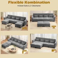 280 cm Ecksofa mit 2 Ottomane U-förmiges modulares Sofa mit USB- & Type-C-Ladeanschlüssen 4-Sitzer Sofa-Set Grau
