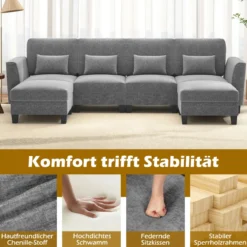 280 cm Ecksofa mit 2 Ottomane U-förmiges modulares Sofa mit USB- & Type-C-Ladeanschlüssen 4-Sitzer Sofa-Set Grau