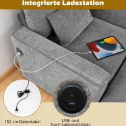 280 cm Ecksofa mit 2 Ottomane U-förmiges modulares Sofa mit USB- & Type-C-Ladeanschlüssen 4-Sitzer Sofa-Set Grau